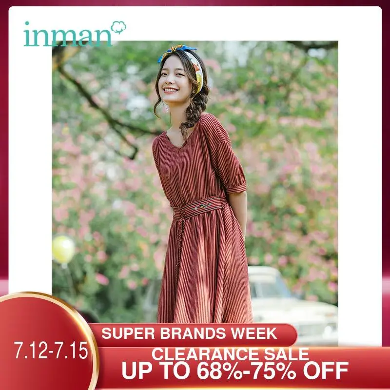 Женское платье в полоску с V-образным вырезом и вышивкой лето INMAN обтягивающая