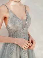 gray cyan prom dresses spaghetti straps luxury beaded elegant sexy a line floor lengthv neck wedding party evening gowns formal