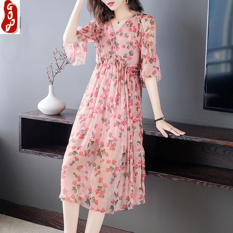 

2021 New Summer Spring Real Silk Dress Women Vintage Floral Beach Boho Long Dresses Elegant Pink Boho Party Vestidos 8976