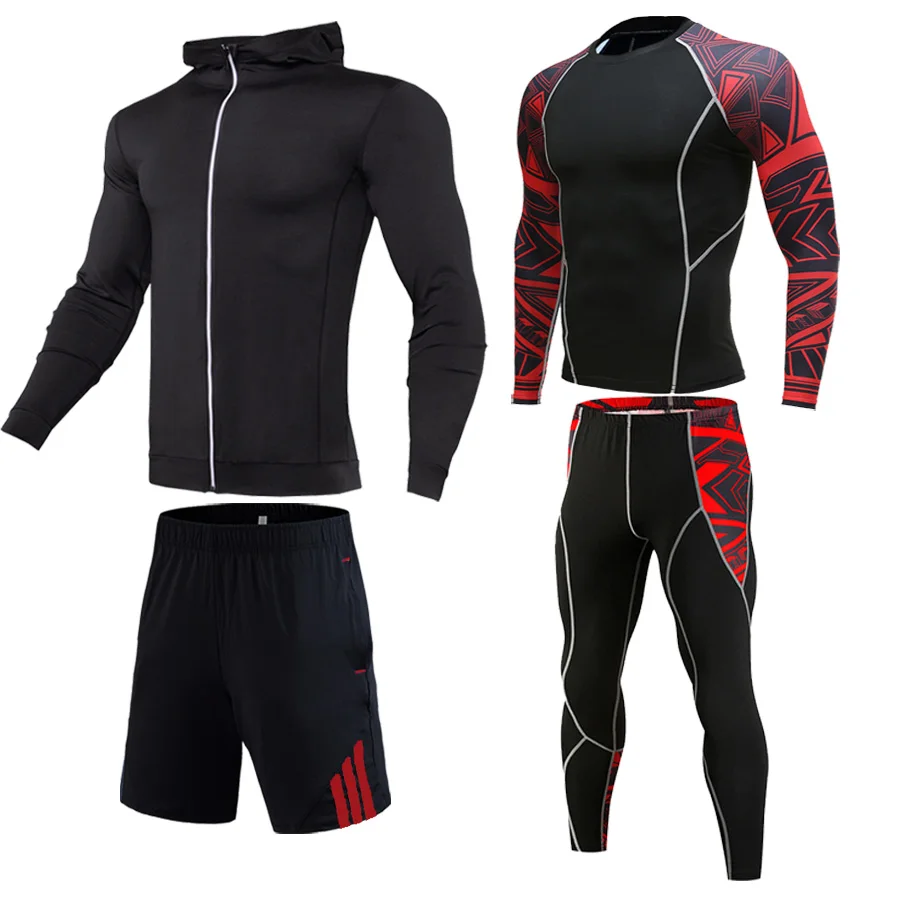 Red Black Беговой костюм, мужские колготки для фитнеса, тренировочный комплект, сжатая одежда, Мужской полный костюм, спортивный костюм, Беговая одежда, 1-4 шт., спортивные - Цвет: Red Black