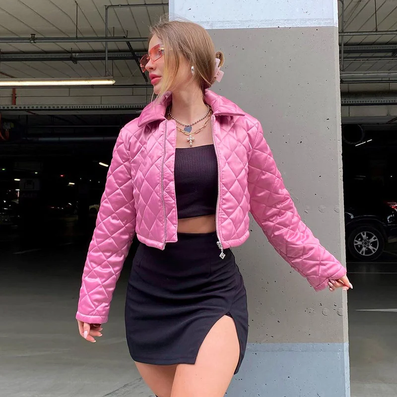 

Zoctuo Diamond Check Jacket Women Pink Long Sleeve Zipper Cropped Coats Streetwear Casual 2021 Autumn Winter Warm Outerwears