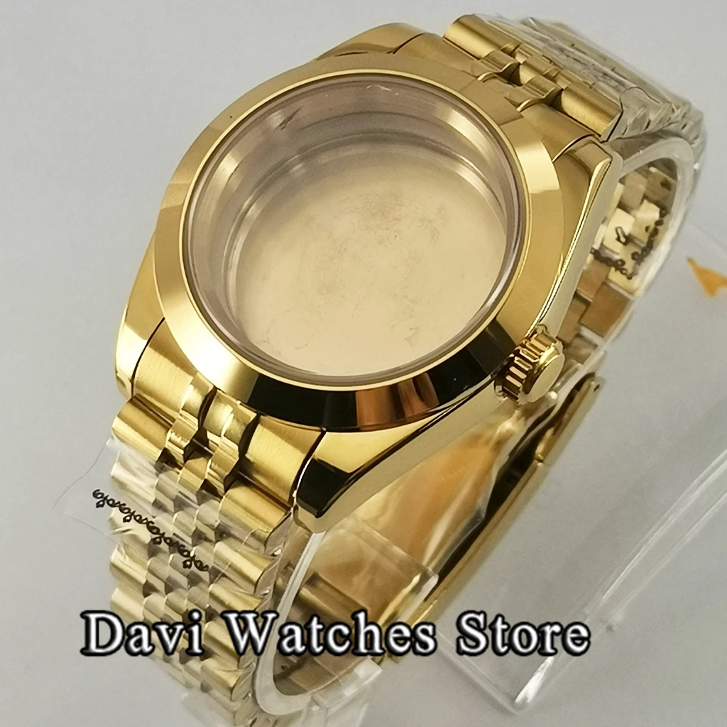

40mm Sterile Full Yellow Gold Watch Case Sapphire Glass Steel Jubilee Bracelet Fit NH35 NH36 Automatic Movement Watch Parts