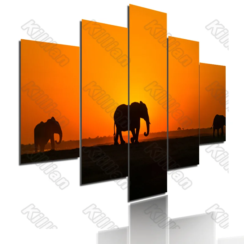

Scenery Style Mural Canvas Paintings Modular Bed Home Decor Prints 5 Pieces Sunset Elephant Decoration Living Room Wall Fresco