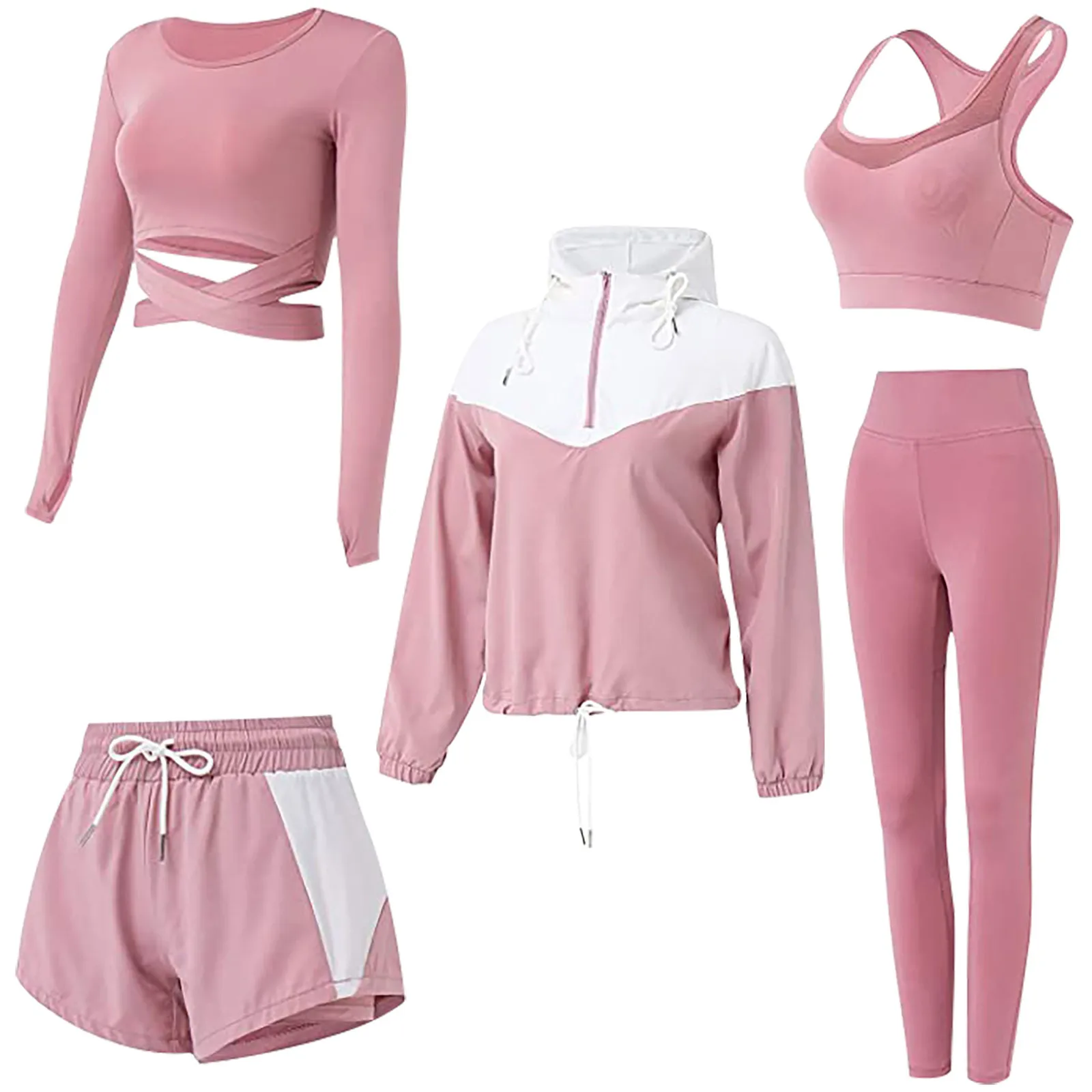 

Ladies 5PCS Yoga Set Solid Sports Bra, Top and Pants Two-Color Splicing Zipper Coat and Drawstring Shorts Athletic Tracksuit A20