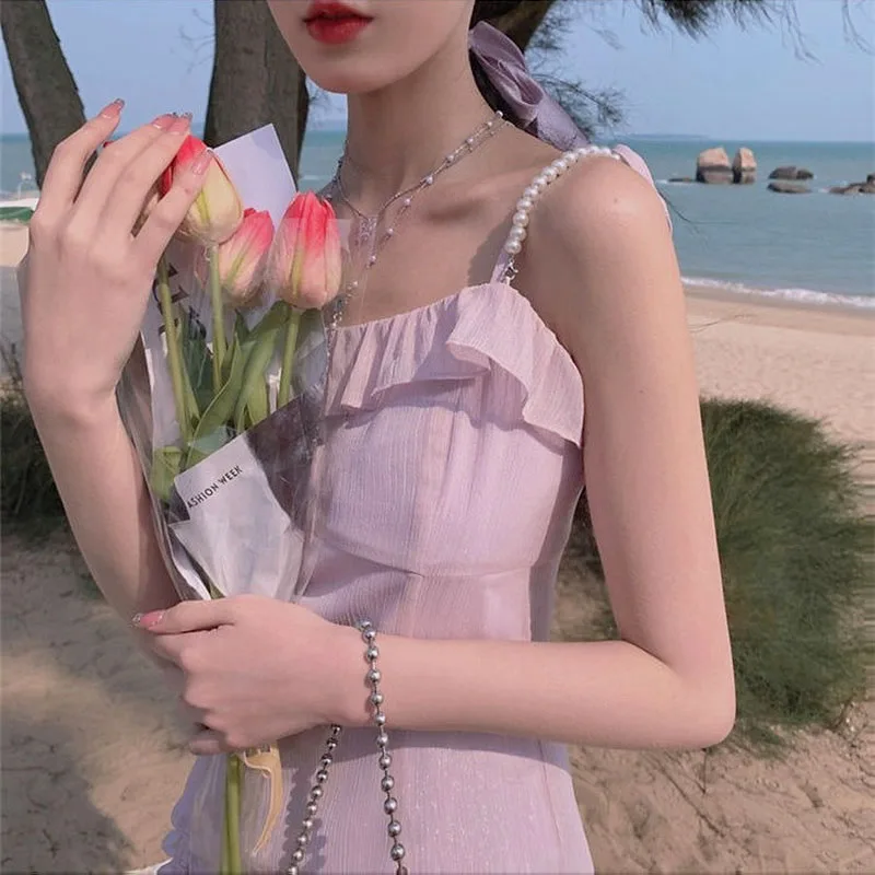 

One Piece Dress Women Korean Elegant Strap Dress Square Collar Chiffon Lace Mini Dress Beach Bandage Design 2021 Summer Sexy