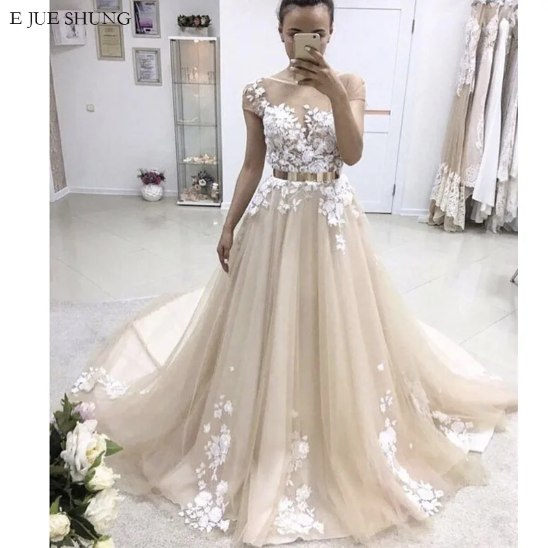 

E JUE SHUNG Champagne Tulle Lace Appliques Wedding Dresses Cap Sleeves Lace Up Back Wedding Gowns Bride Dress robe de mariee