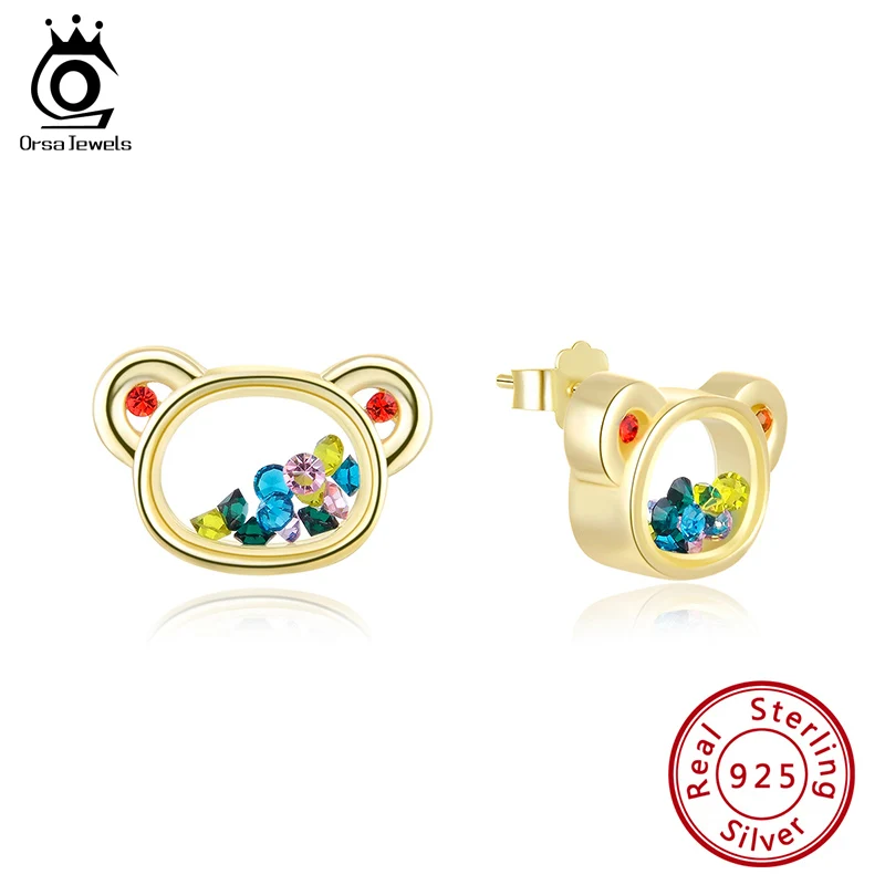 

ORSA JEWELS 14K 925 Sterling Silver 13mm Bear Earrings with Movable Suspension CZs inside Glass For Girl Cute Date Gift EQE30