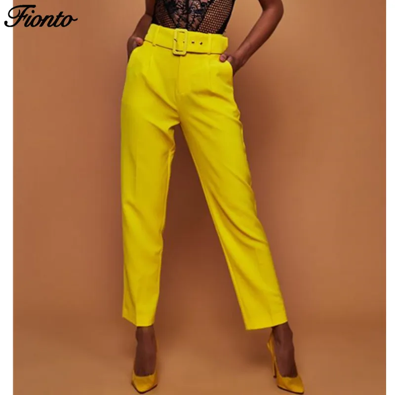 Женские брюки с высокой талией FIONTO Осенние повседневные поясом и прямыми