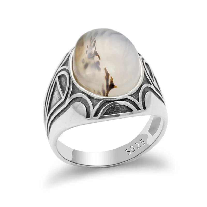 

Pure 925 Sterling Silver Men Ring with Natural Agate Stone Ring Vintage Turkish Thai Silver Jewelry Gift for Male Women