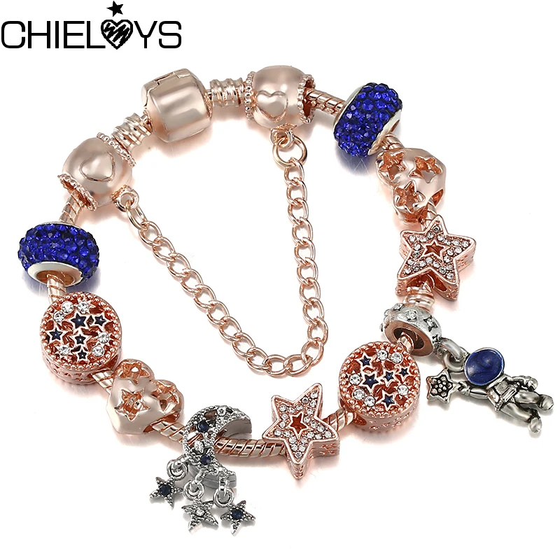 

Подвеска из серии «голубое пространство» с кристаллами, звездой, астронавтом, бусинами, подвеска из розового золота, «сделай сам», очаровательный браслет для женщин, ювелирные изделия, подарки, Прямая поставка