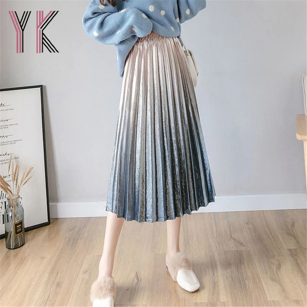 

Gradient Color Velvet Elastic Band High Waist Organ Pleats Midi Skirt Korean Fashion Women Skirt Harajuku Autumn Fairycore Saia