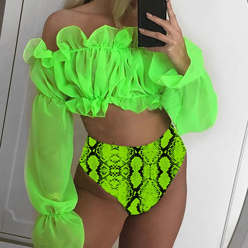 Sexy Green bikini set Swimwear Women Mesh long sleeve swimsuit female High waist bikini Snake printed Bathing suit Mujer