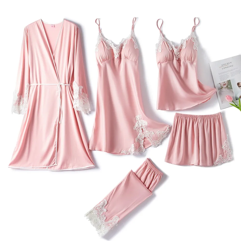 

5PCS Lce Silk Pajamas Sets Sexy Womens Strap Top&Pants Sleepwear Sleep Suit Spring With Chest Pads Nightwear Home Wear Pijamas