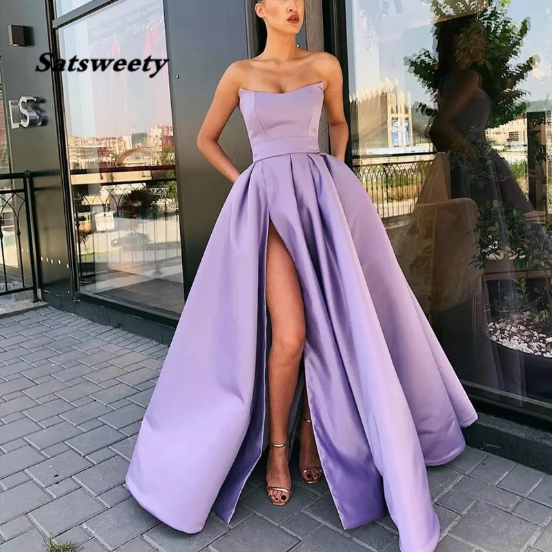 

Satsweety Prom Dresses 2021 with High Slit Satin Purple Vestidos De Gala Evening Party Dresses Prom Gown Robe De Soiree