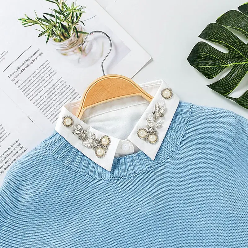 

Autumn Sweater Decorative Chiffon Fake Collar Rhinestone Studded Imitation Pearl Flower Beaded Detachable Half-Shirt