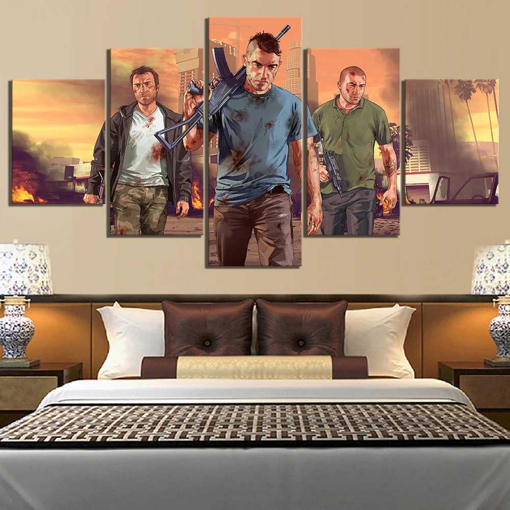 Модульный постер для домашнего декора картины с 5 панелями Grand Theft Auto Online Video Games