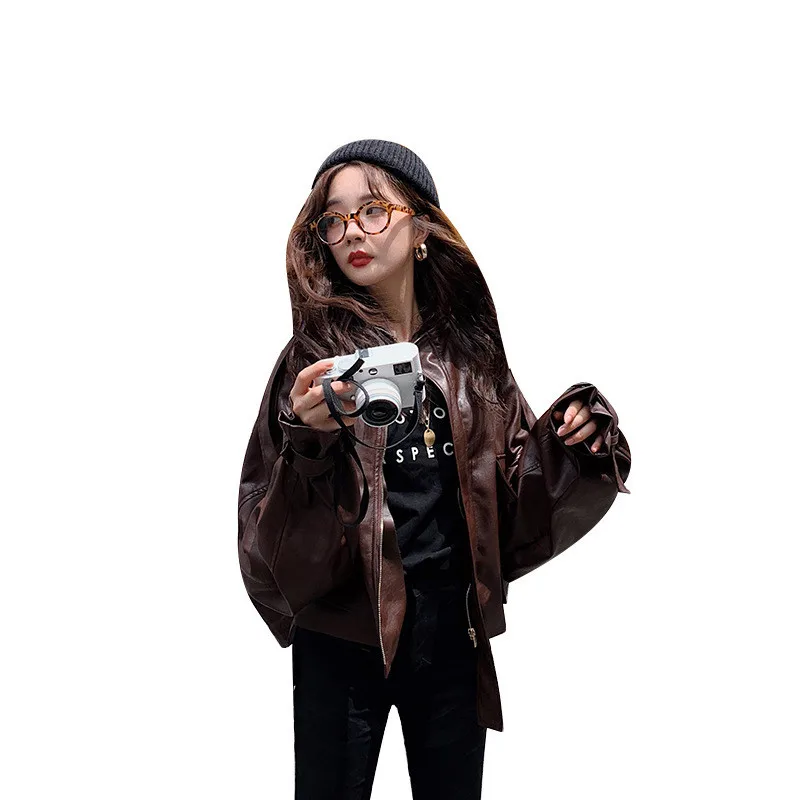 

PU Leather Jacket Women 2021 New Spring Autumn Fashion Korean Style Loose Motorcycle Short Leather Jacket Female JD1292