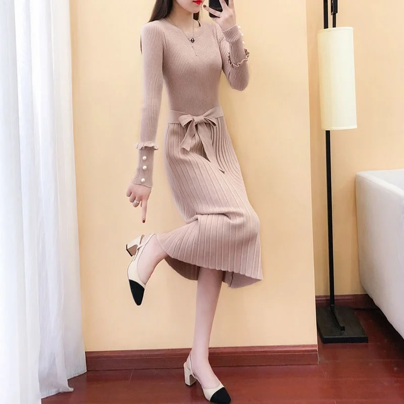 

O-neck Solid Long Sleeve Women Knit Sweater Dress New 2021 Autumn Winter Knitted Elastic Long Dresses Vestidos Feminine X329