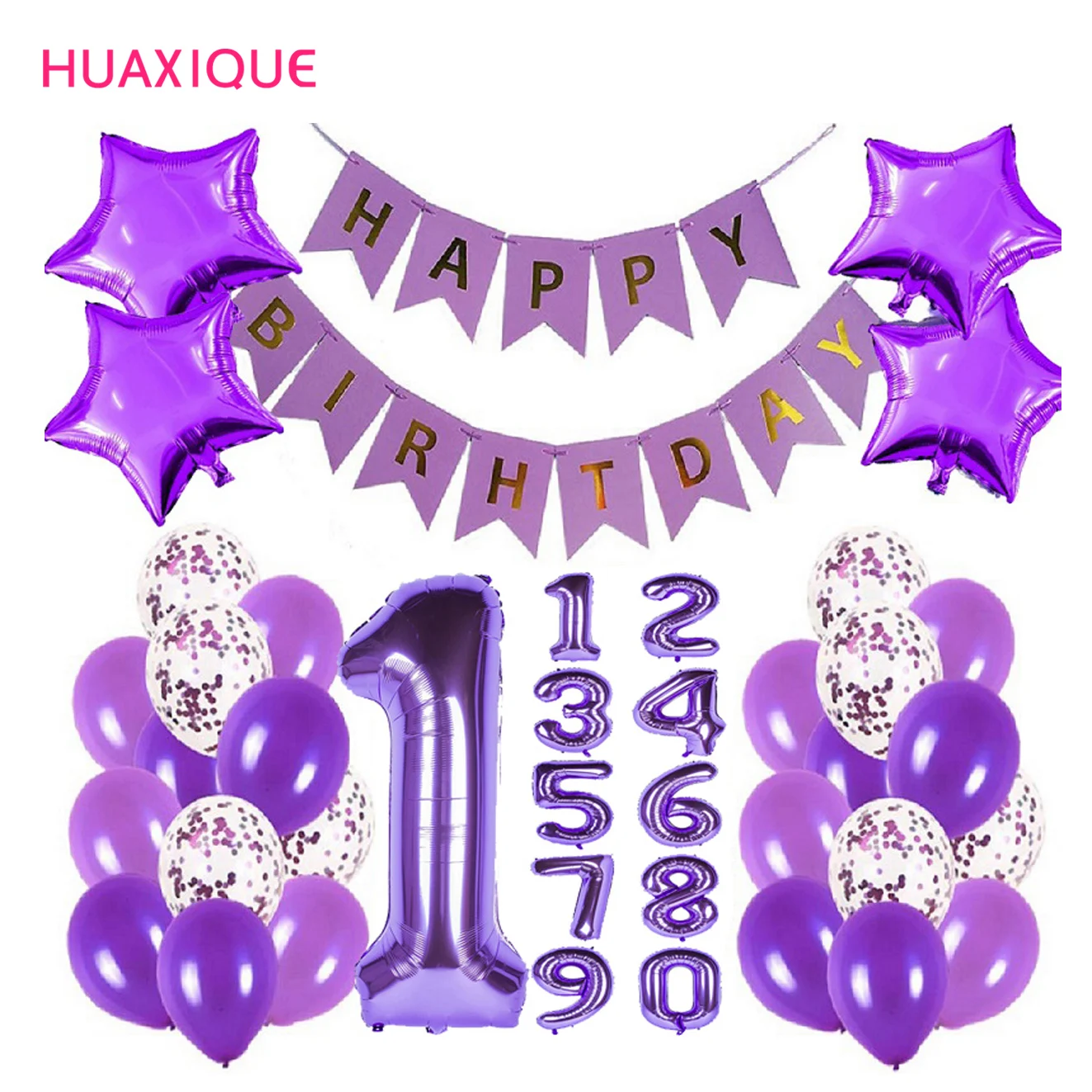 Purple Party Decor Kit  Birthday Party Decorations Happy Birthday Banner Purple Confetti Balloons Number Balloon Arch Garlan