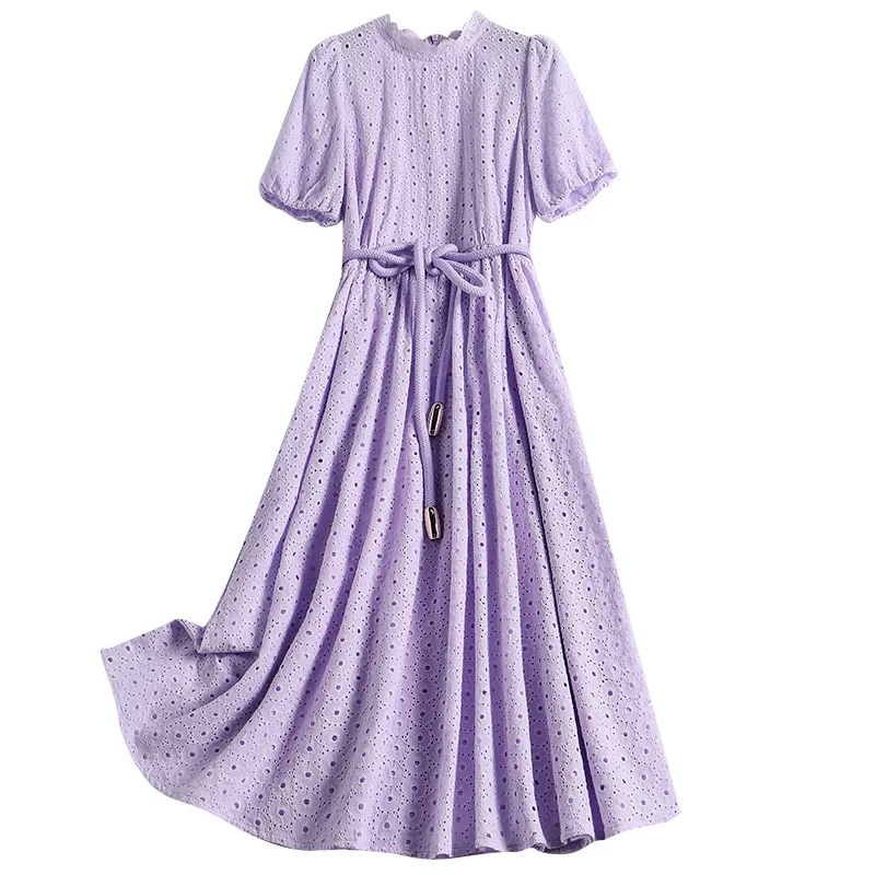 

2021 Summer Fashion Elegant Stand Collar Short Puff Sleeves Hook Flower Hollow Design Lacing Belt Cotton Blended Dress Women