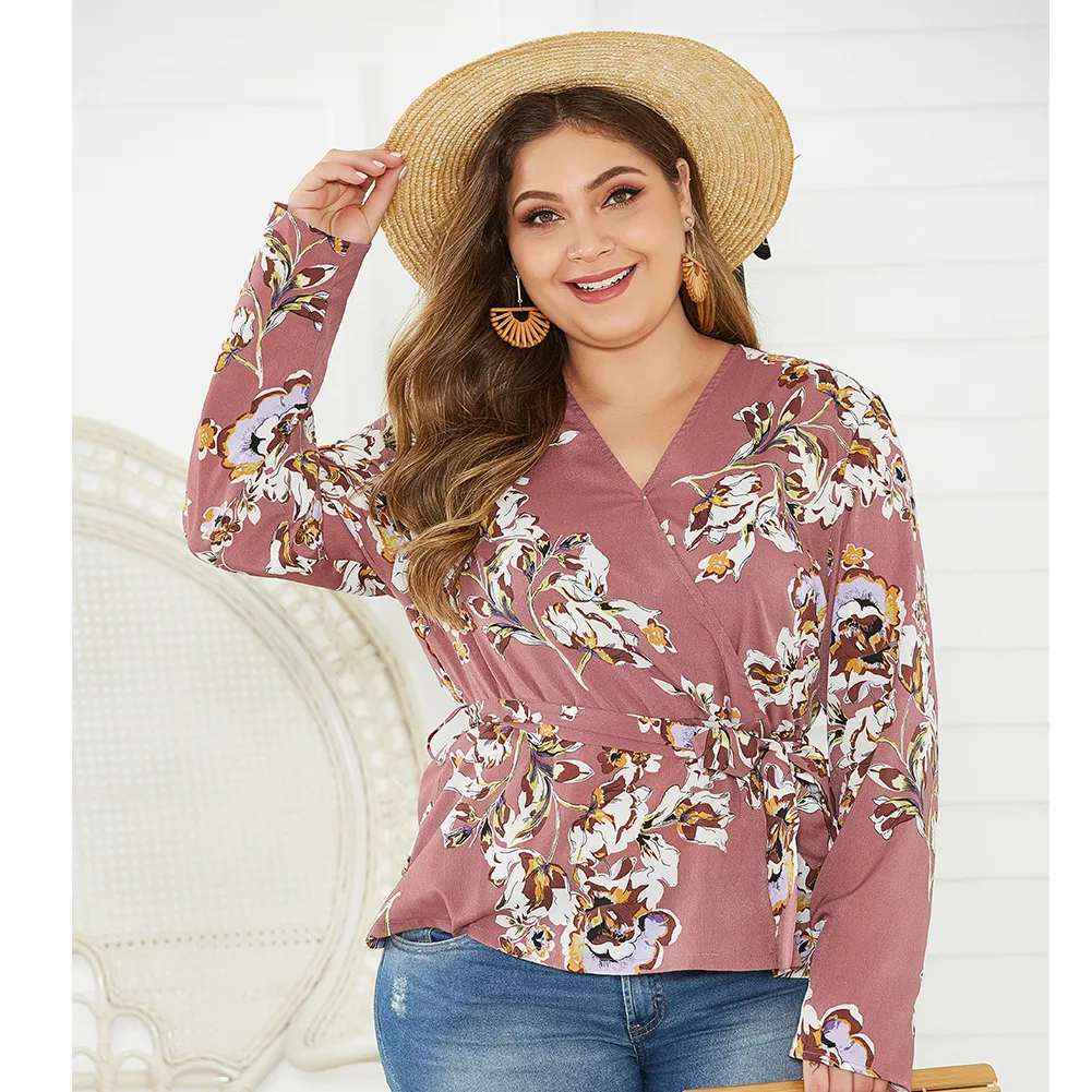 

Women's Size Plus Style V-Neck Floral Print Long Sleeve Blouse рубашка женская
