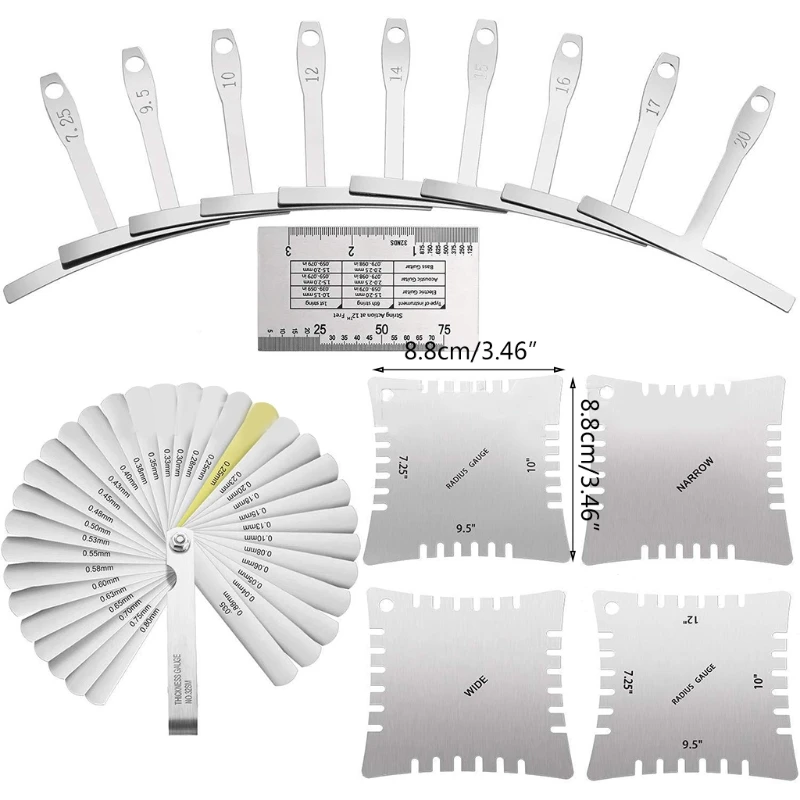 

Guitar Luthier Tools Understring Radius Gauge String Action Ruler Gauge 32 Blades Feeler Gauge Notched Radius Gauges Set of 15