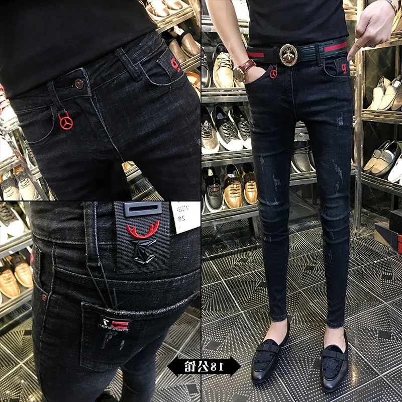 

Оптовая продажа 2021, модные обтягивающие джинсы в Корейском стиле для студентов и подростков, мужские обтягивающие брюки-карандаш с дырками ...