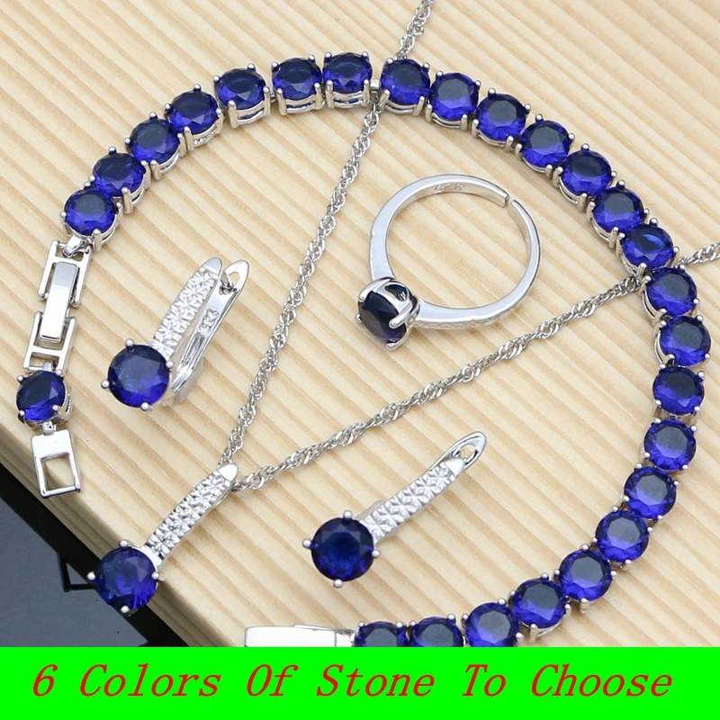 

Women Silver 925 Jewelry Sets Natural Blue Sapphire Earrings Bracelet Resizable Ring Gem Birthstone Necklace Sets Dropshipping