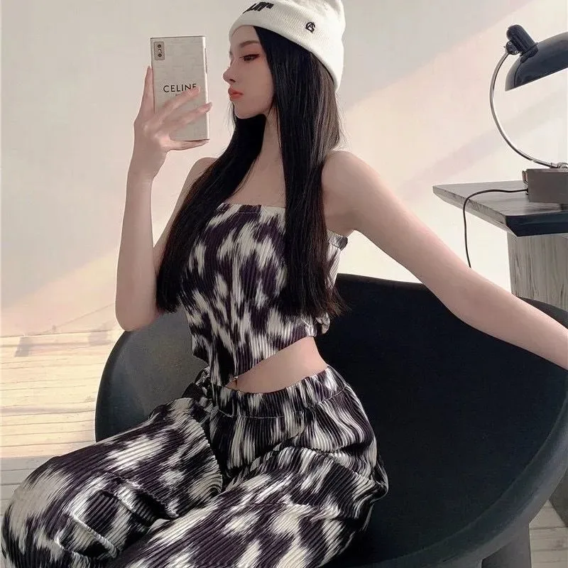 

Женский комплект из двух предметов, комплект из двух предметов с широкими штанинами, тонкие прямые клетчатые брюки с высокой талией, укороч...