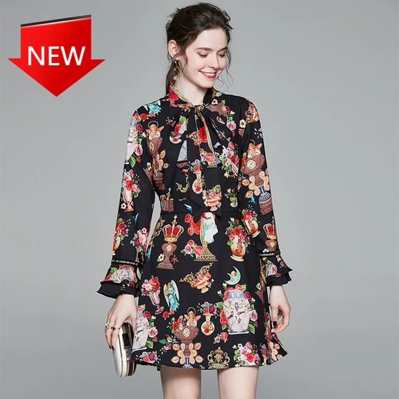 

Женское винтажное мини-платье с бантом, модельное платье с расклешенным рукавом, цветочным принтом, ангелом, длинным рукавом и оборками, пов...