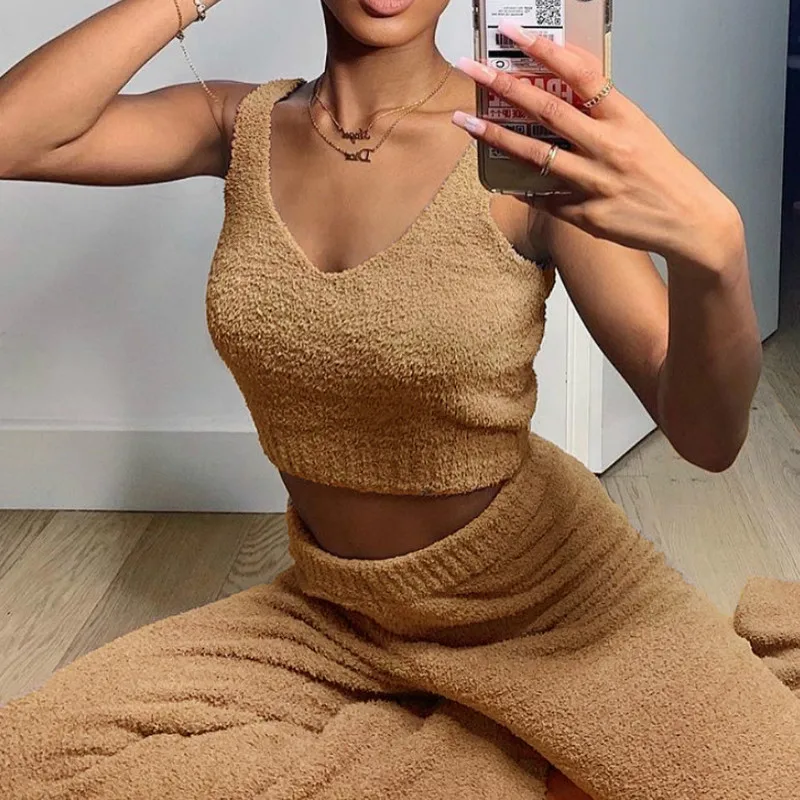 Пикантный пушистый комплект из двух предметов свитер топ и брюки Повседневная