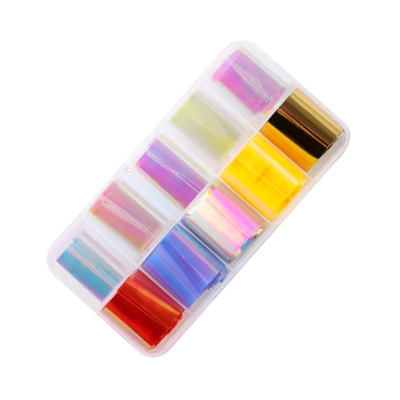 

Ten-color Aurora Laser Nail Glass Carton Pack is exquisitely glossy thin and soft only uses the viscosity of floating glue