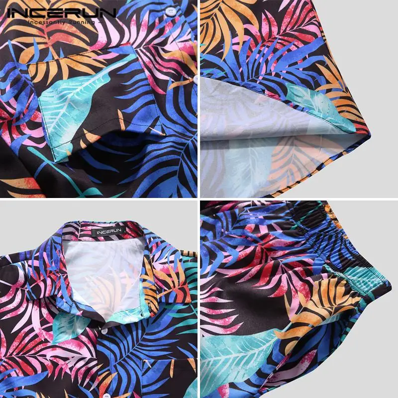 

INCERUN Mens Fashion Printed Sets Summer Hawaiian Floral Suits Loose Cozy Man Short Sleeve Lapel Shirts Elastic Shorts Sets 3XL