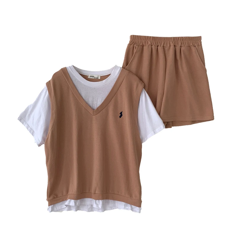 

Kimutomo Fashion Embroidery Casual Women Suit 2021 Summer New Korean Patchwork Fake Two Piece T-shirt Elastic Waist Shorts