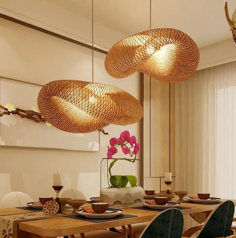 Бамбуковая плетеная Подвесная лампа из ротанга с волнистым абажуром винтажный