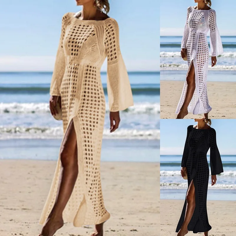 Длинное пляжное платье макси размера плюс женская пляжная туника парео белое с v