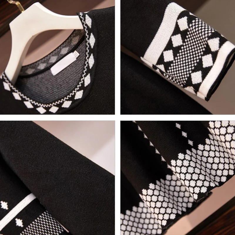 

2020 Autumn Winter Women's Casual Dress Elegant O-neck Retro Geometric printin Loose Fashion Office Lady knitting Dress Enlarged