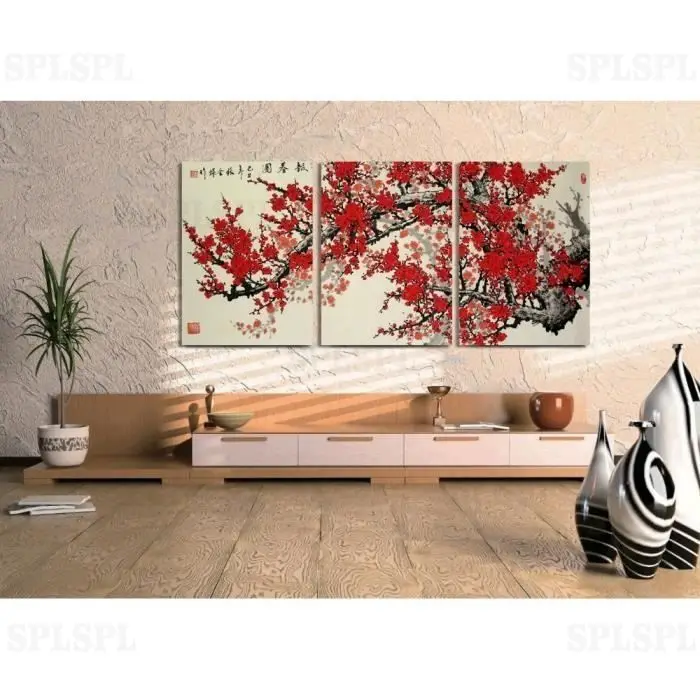 

Traditional Chinese White Art Wall With Red Flower Painting 3 Panel Canvas Wall Art Painting For Living Room