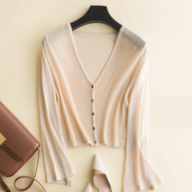 

Oversized Knitted Cardigan Women Summer Thin Ice Silk Flare Sleeve Coat V Neck Plus Size Hallow Out Sunscreen Short Cardigans