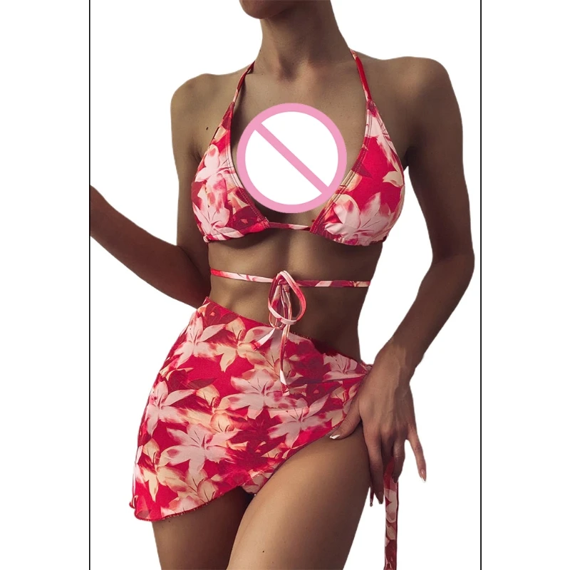 

Сексуальный купальник из 3 предметов, женский купальник с цветочным принтом, Бразильское бикини с лямкой на шее и саронг