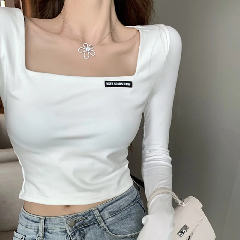 

2021 Autumn Square Collar Labeling Short New Tight High Waist Jazz Dance Bottoming Shirt Inner Wear Upper Clothes Long Sleeves