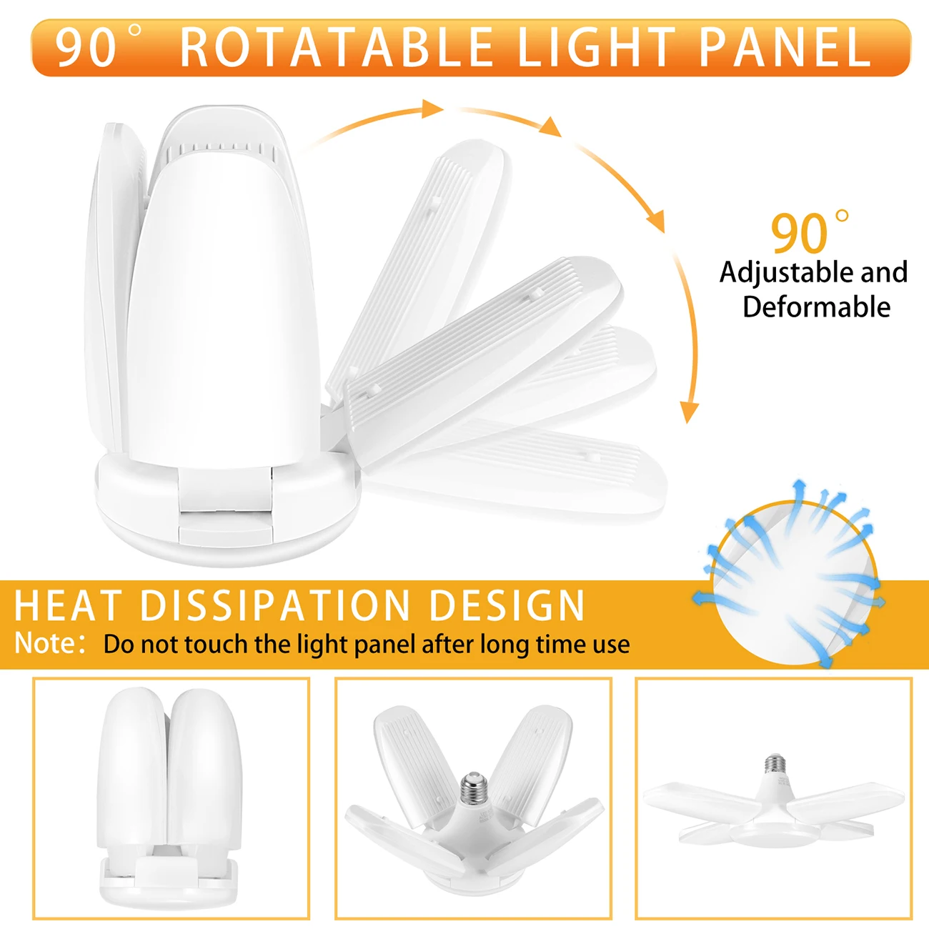 

10000LM 60W Mini LED Deformable Folding Garage Light Adjustable 4 Leaf Lamp With Holder GQ