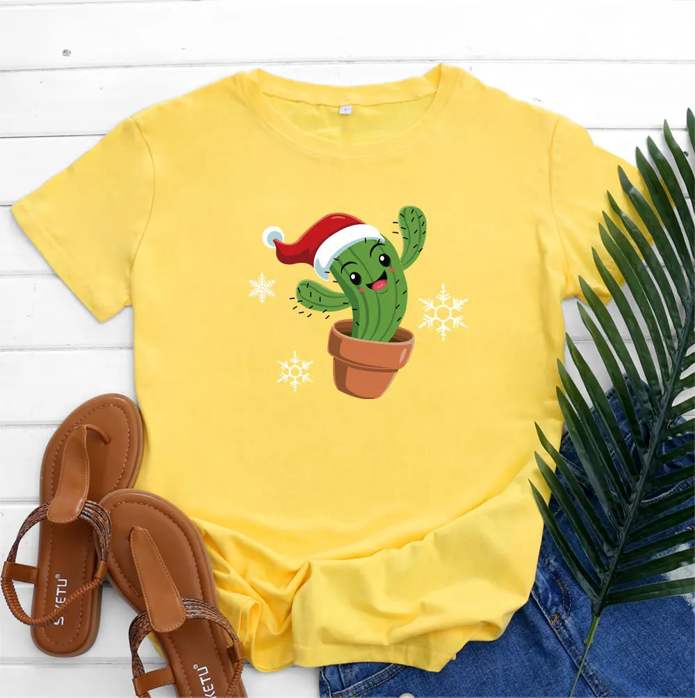 

Женские хлопковые футболки, летняя графическая футболка с мультяшным принтом кактуса, топ с круглым вырезом и коротким рукавом, футболка дл...