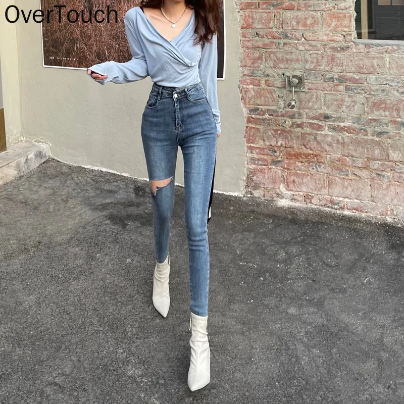 

Overtouch Woman Skinny Jeans Ripped High Waist Blue Denim Clothing Streetwear Vintage Quality 2021 Sretch Fashion Harajuku