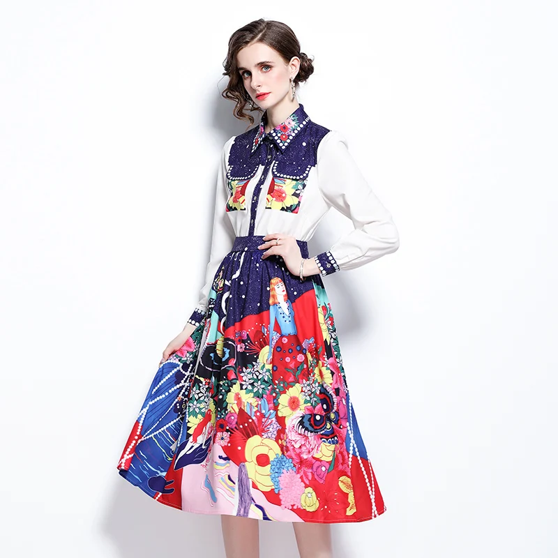 

Fashion Spring Autumn Dress 2 Piece Set Women's Runway Designer Full Sleeve Girl Floral Print Top With Skirt Suit Vintage Outfit