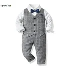 3 шт., комплект одежды для мальчиков, белая рубашка с длинным рукавом и галстуком-бабочкой, клетчатый жилет и брюки