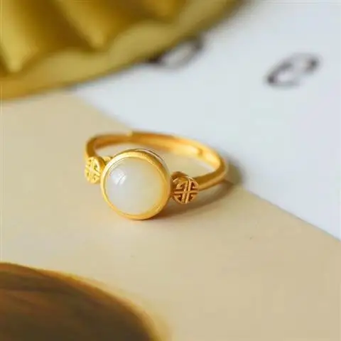 

Natural Hetian White Jade Ring S925 Sterling Silver Inlaid Gilding Craft Open Mouth Support Identification Long-Lasting Color Re