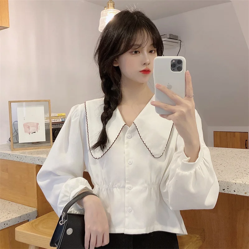 Женская рубашка с длинным рукавом и французским воротником осень 2021 | одежда