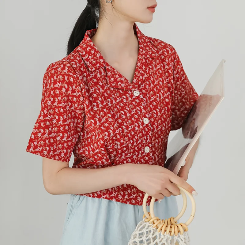 

Red Floral Print Short Blouse Women Vintage Lapel Button Short Sleeve Summer Shirt Female Casual Crop Tops