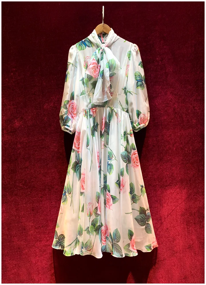 

Europe and the United States spring and summer 2021 new fashion temperament rose print foreign style aging medium and long super